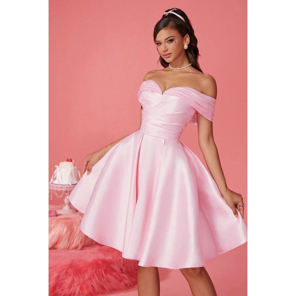 Women's Off Shoulder Elegant Pink Ruffled Neck Drapped Bodice Ball Gown Dress